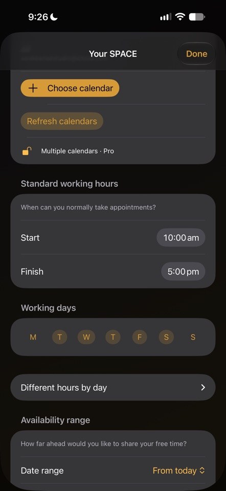 SPACE calendar and working hours settings