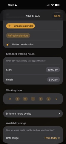 SPACE working hours and working days settings